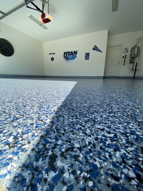 Completed Blue Flake Garage Flooring