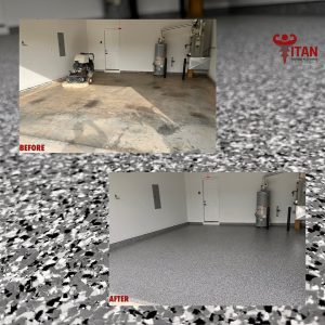 Before and After Polyaspartic garage floor coating by Titan Garage Flooring Solutions